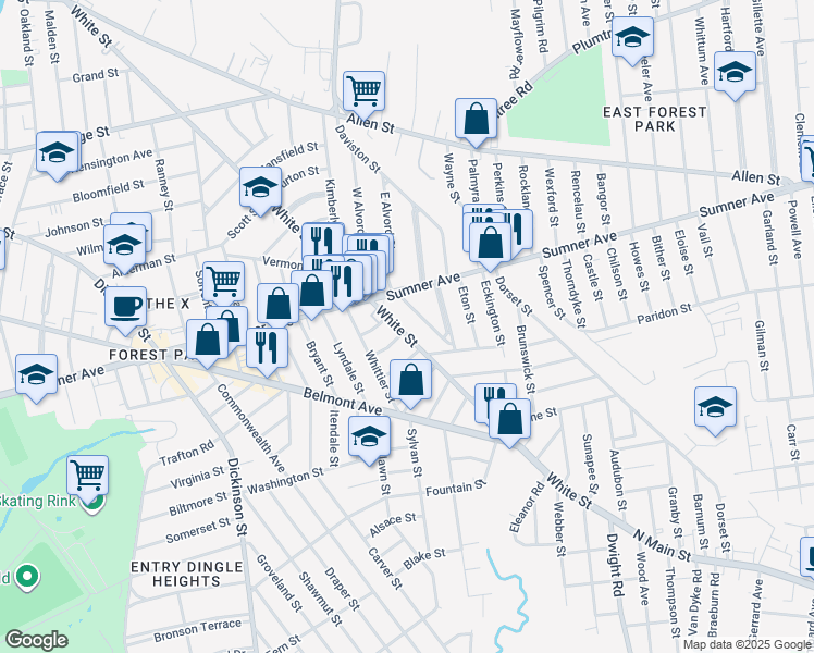 map of restaurants, bars, coffee shops, grocery stores, and more near 42 Irvington Street in Springfield
