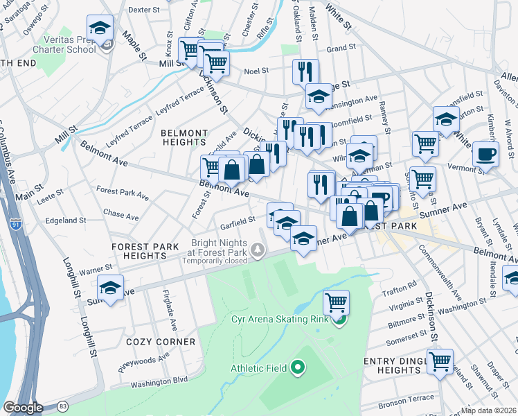 map of restaurants, bars, coffee shops, grocery stores, and more near 15-19 Litchfield Street in Springfield