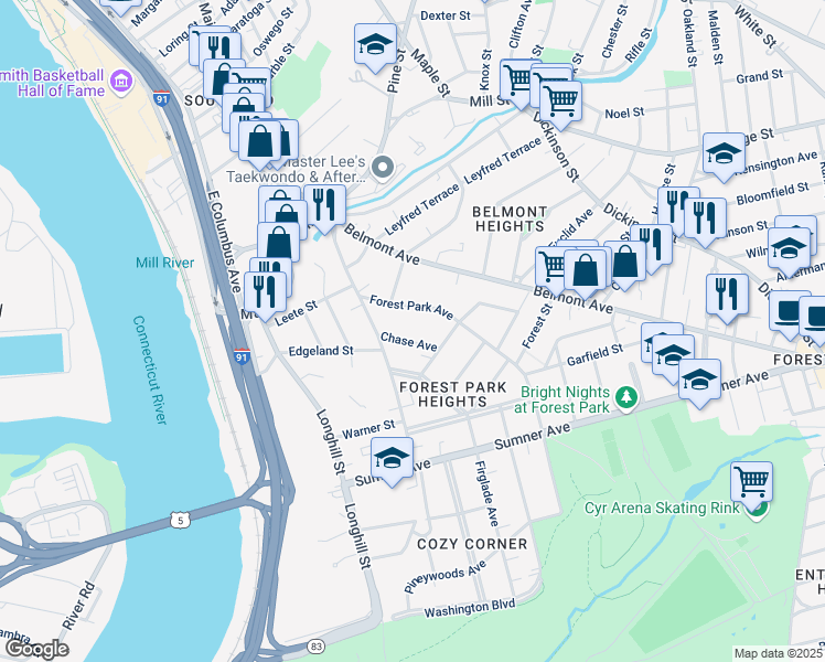 map of restaurants, bars, coffee shops, grocery stores, and more near 11 Chase Avenue in Springfield
