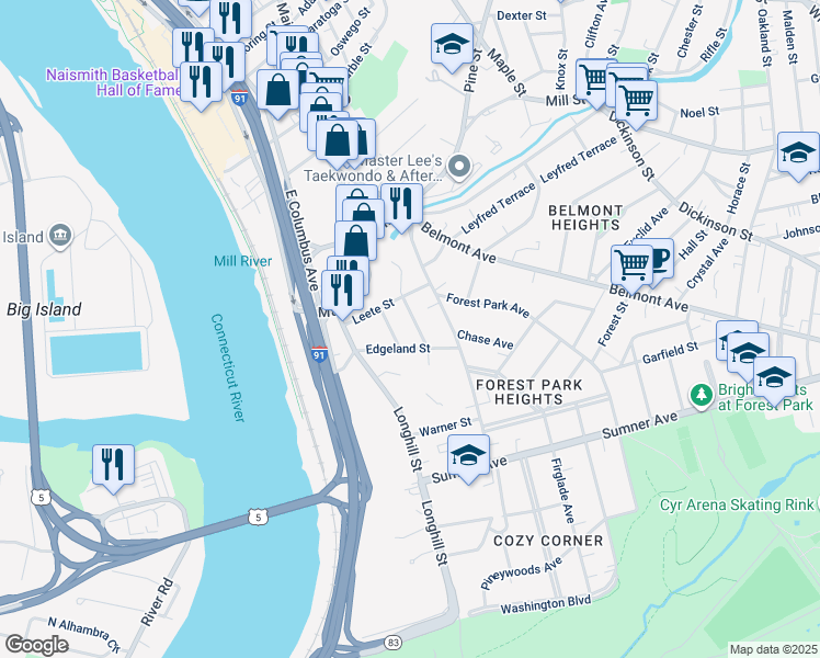 map of restaurants, bars, coffee shops, grocery stores, and more near 27 Coomes Street in Springfield