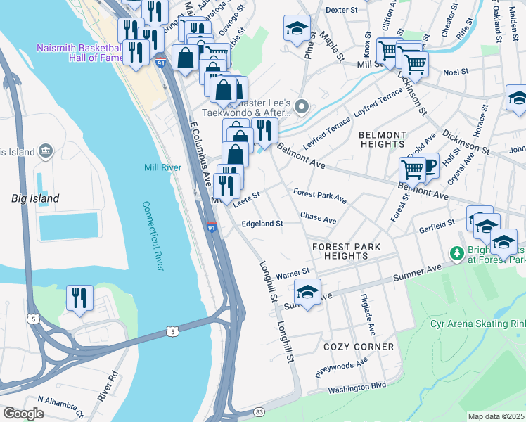 map of restaurants, bars, coffee shops, grocery stores, and more near 27 Coomes Street in Springfield