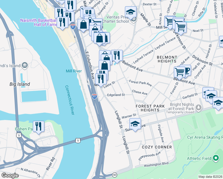 map of restaurants, bars, coffee shops, grocery stores, and more near 27 Coomes Street in Springfield