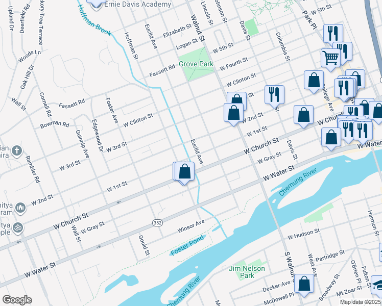 map of restaurants, bars, coffee shops, grocery stores, and more near 656 West 1st Street in Elmira