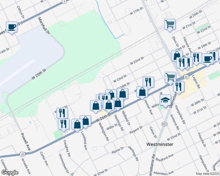 map of restaurants, bars, coffee shops, grocery stores, and more near 2314 Midland Drive in Erie