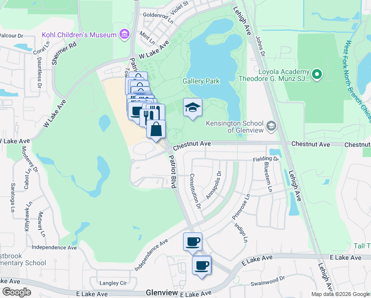 map of restaurants, bars, coffee shops, grocery stores, and more near 2599 Chestnut Avenue in Glenview