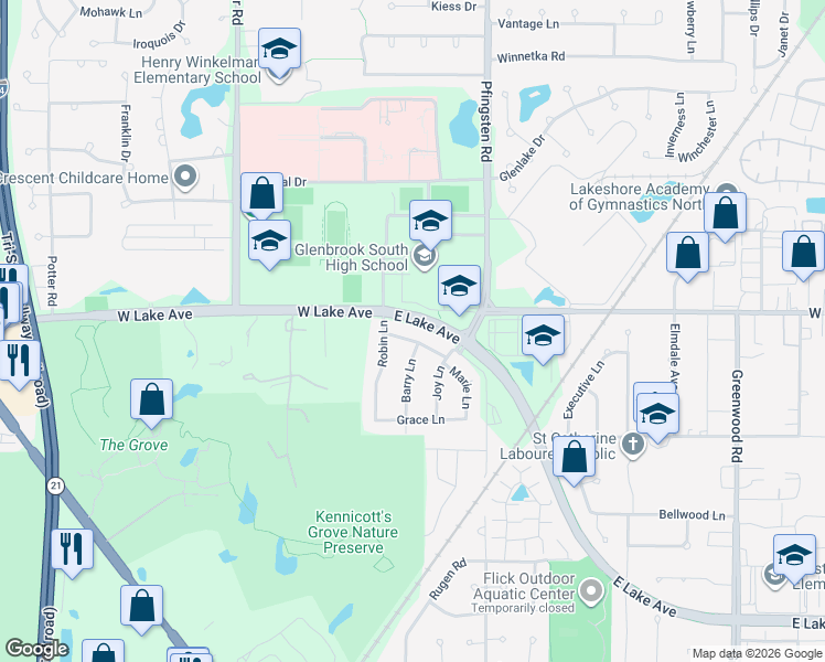 map of restaurants, bars, coffee shops, grocery stores, and more near 3848 La Fontaine Lane in Glenview