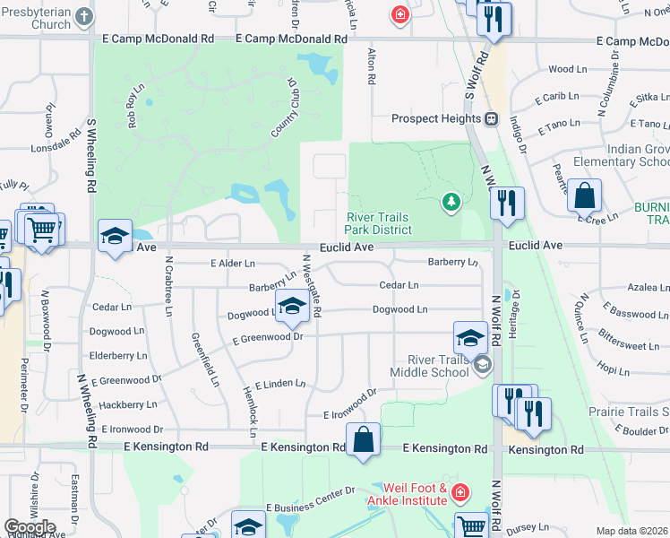 map of restaurants, bars, coffee shops, grocery stores, and more near 1405 Barberry Lane in Mount Prospect