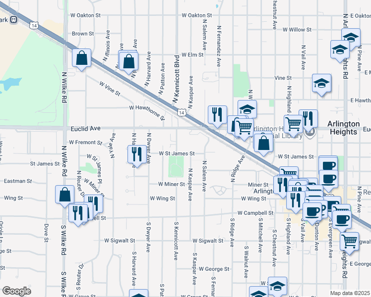 map of restaurants, bars, coffee shops, grocery stores, and more near 912 West Saint James Street in Arlington Heights