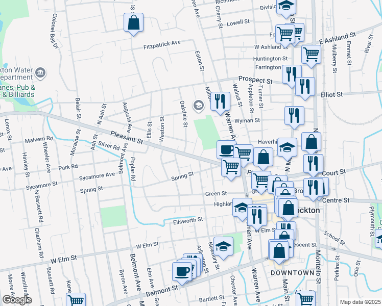 map of restaurants, bars, coffee shops, grocery stores, and more near 231 Pleasant Street in Brockton