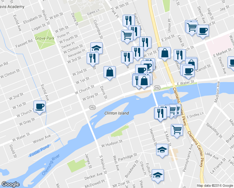 map of restaurants, bars, coffee shops, grocery stores, and more near 358 West Water Street in Elmira