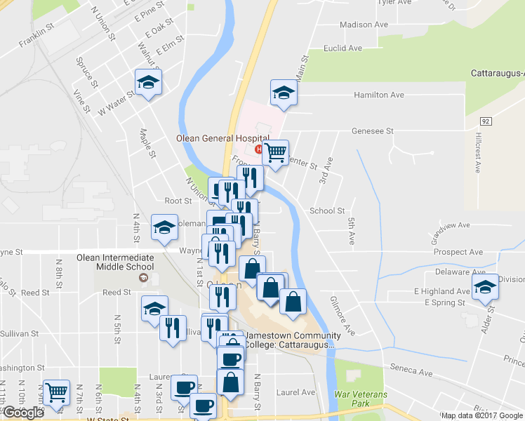map of restaurants, bars, coffee shops, grocery stores, and more near 302 Main Street in Olean