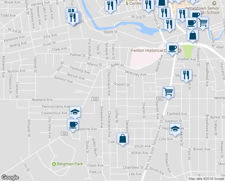 map of restaurants, bars, coffee shops, grocery stores, and more near 74 Colfax Street in Jamestown