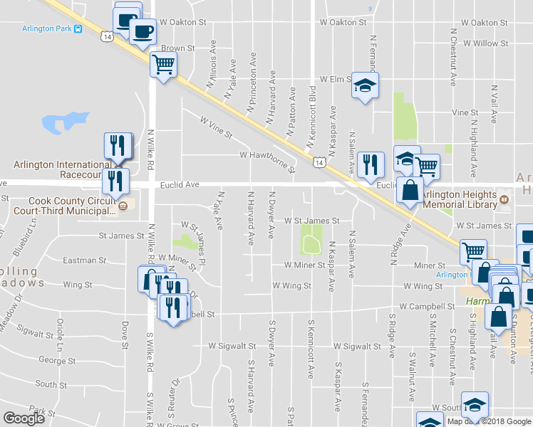 map of restaurants, bars, coffee shops, grocery stores, and more near 410 North Dwyer Avenue in Arlington Heights