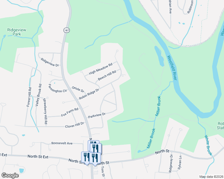 map of restaurants, bars, coffee shops, grocery stores, and more near 163 Thalia Drive in Agawam