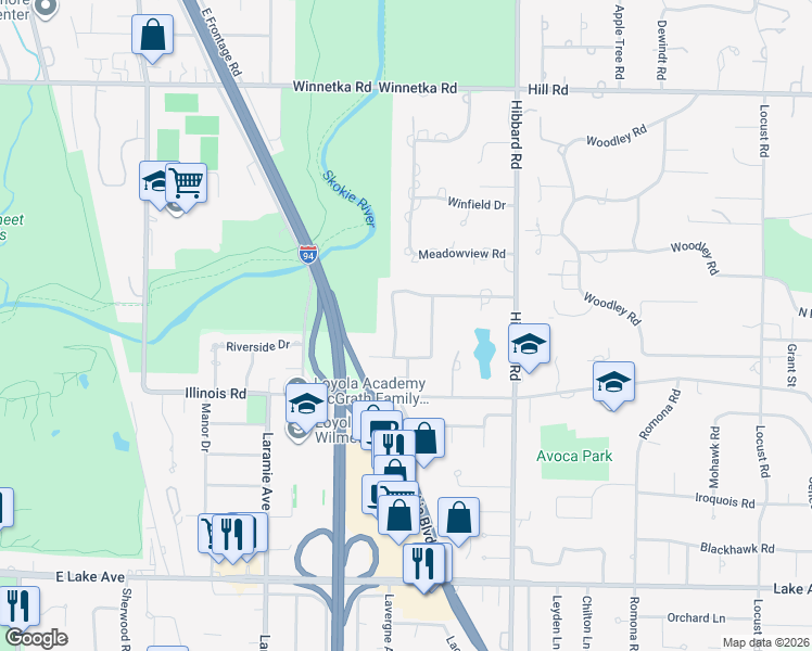 map of restaurants, bars, coffee shops, grocery stores, and more near 38 Longmeadow Road in Winnetka