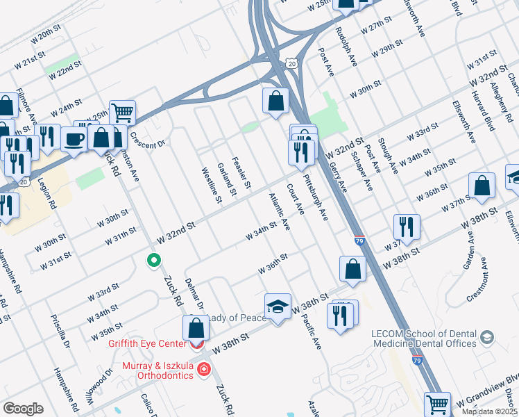 map of restaurants, bars, coffee shops, grocery stores, and more near 3221 Pacific Ave in Erie