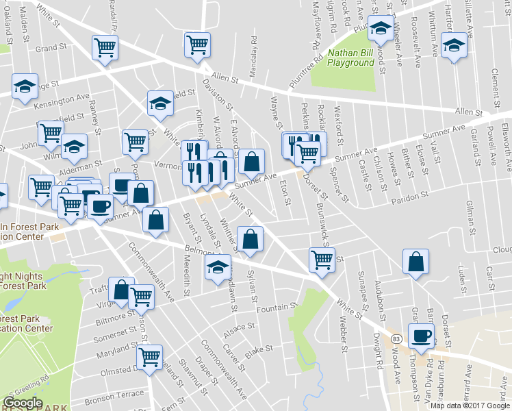 map of restaurants, bars, coffee shops, grocery stores, and more near 42 Irvington Street in Springfield