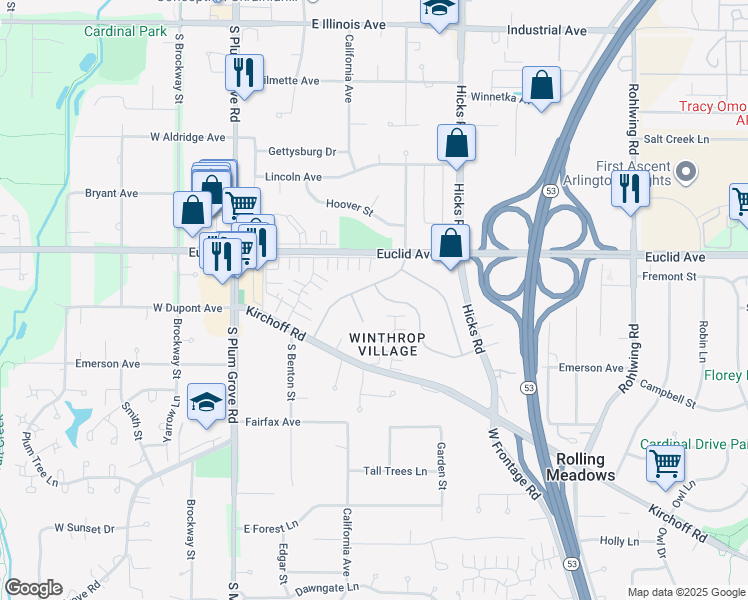 map of restaurants, bars, coffee shops, grocery stores, and more near 4373 Wilson Ave in Rolling Meadows