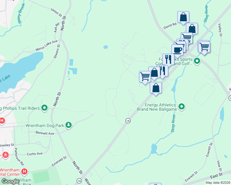 map of restaurants, bars, coffee shops, grocery stores, and more near 733 Dedham Street in Wrentham