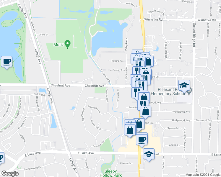 map of restaurants, bars, coffee shops, grocery stores, and more near 1733 Sequoia Trail in Glenview