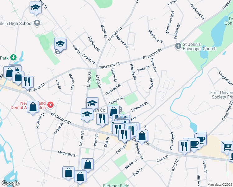 map of restaurants, bars, coffee shops, grocery stores, and more near 16 Garfield Street in Franklin