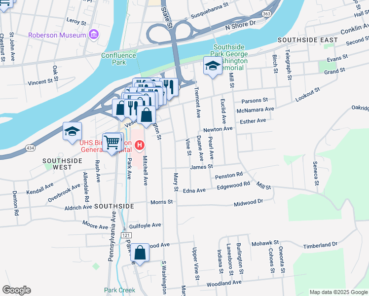 map of restaurants, bars, coffee shops, grocery stores, and more near 38 Vine St in Binghamton