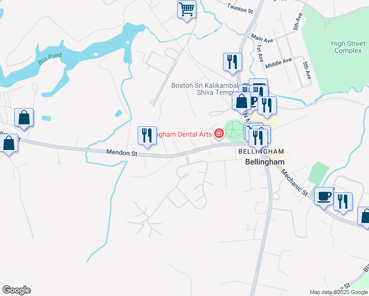 map of restaurants, bars, coffee shops, grocery stores, and more near 49 Mendon Street in Bellingham