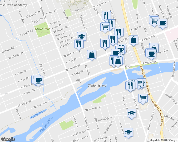 map of restaurants, bars, coffee shops, grocery stores, and more near 114 Davis St in Elmira