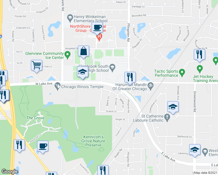 map of restaurants, bars, coffee shops, grocery stores, and more near 3848 La Fontaine Lane in Glenview
