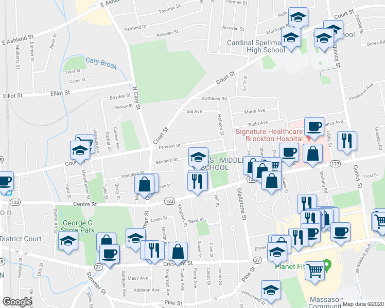 map of restaurants, bars, coffee shops, grocery stores, and more near 78 Benham Street in Brockton