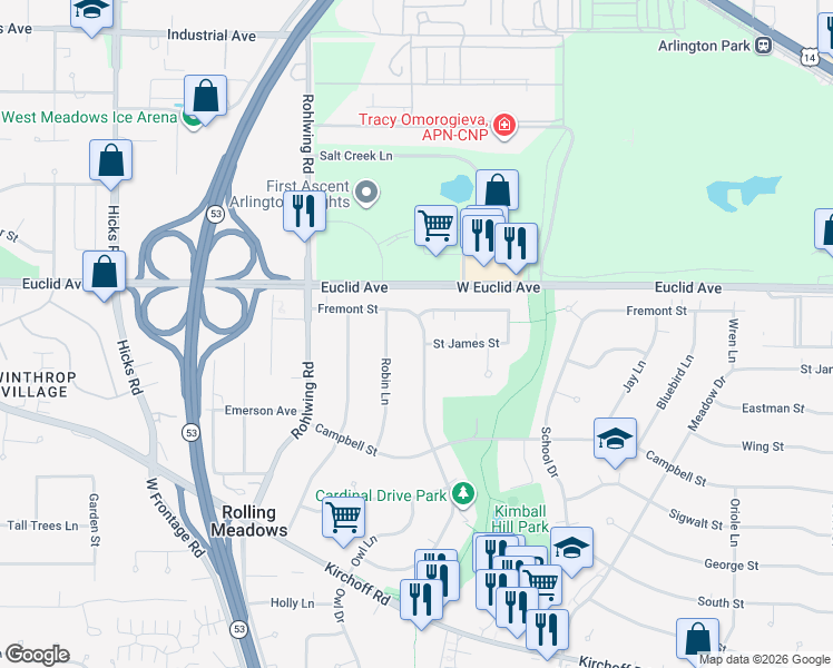 map of restaurants, bars, coffee shops, grocery stores, and more near 2103 Cardinal Drive in Rolling Meadows