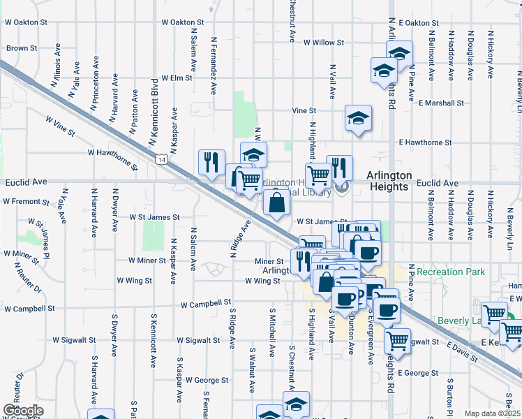 map of restaurants, bars, coffee shops, grocery stores, and more near 400 West Northwest Highway in Arlington Heights