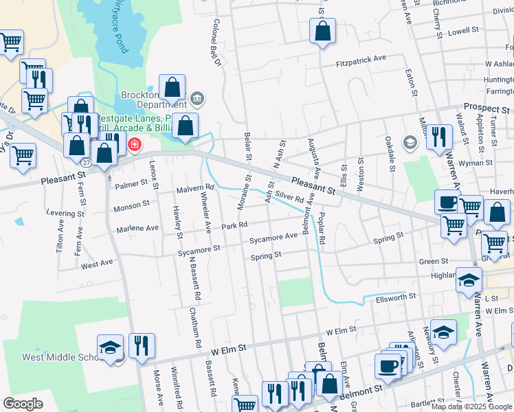 map of restaurants, bars, coffee shops, grocery stores, and more near 16 Seaver Street in Brockton
