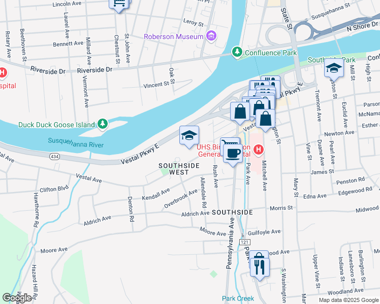 map of restaurants, bars, coffee shops, grocery stores, and more near 1123 Vestal Avenue in Binghamton