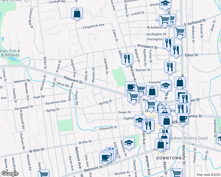 map of restaurants, bars, coffee shops, grocery stores, and more near 231 Pleasant Street in Brockton