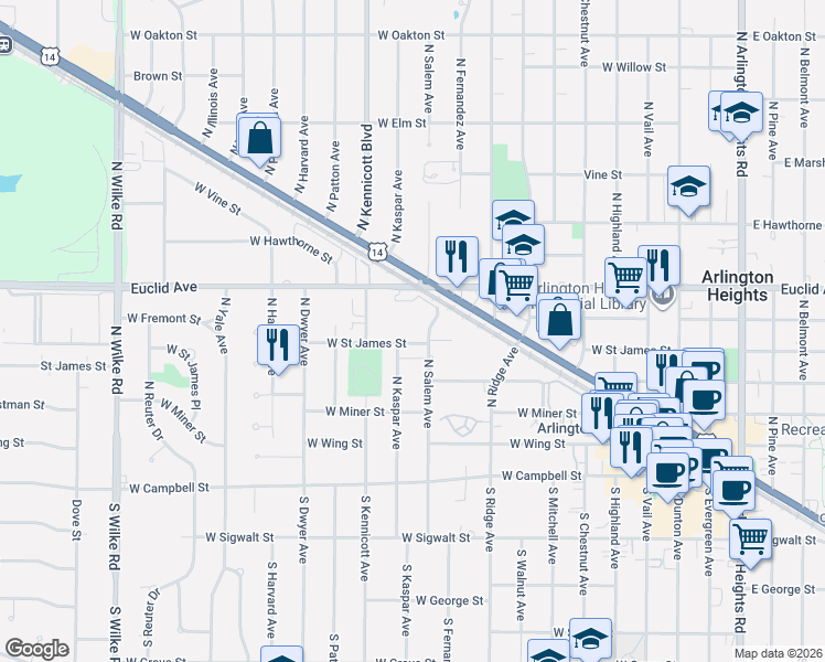 map of restaurants, bars, coffee shops, grocery stores, and more near 806 West Saint James Street in Arlington Heights
