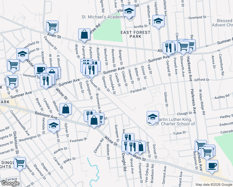 map of restaurants, bars, coffee shops, grocery stores, and more near 78 Thorndyke Street in Springfield