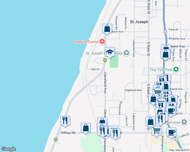 map of restaurants, bars, coffee shops, grocery stores, and more near 2708 Lakeshore Drive in St. Joseph