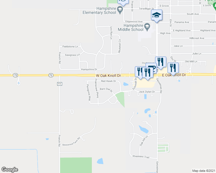 map of restaurants, bars, coffee shops, grocery stores, and more near 208 Barn Owl Drive in Hampshire