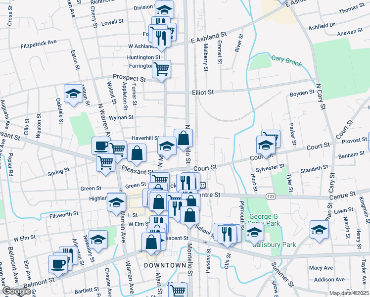 map of restaurants, bars, coffee shops, grocery stores, and more near 64 North Montello Street in Brockton