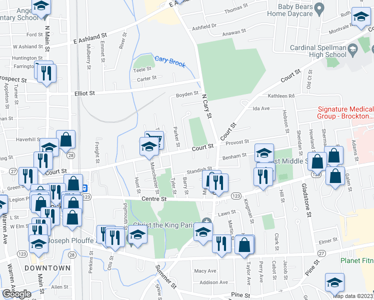 map of restaurants, bars, coffee shops, grocery stores, and more near 2 Gardner Avenue in Brockton
