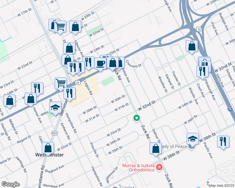 map of restaurants, bars, coffee shops, grocery stores, and more near 2911 Cheryl Court in Erie