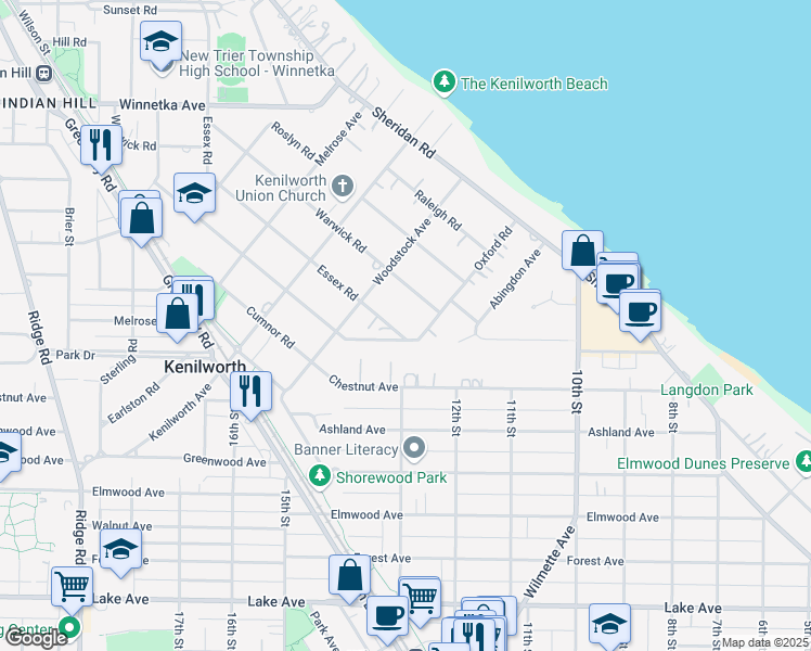 map of restaurants, bars, coffee shops, grocery stores, and more near 211 Essex Road in Kenilworth