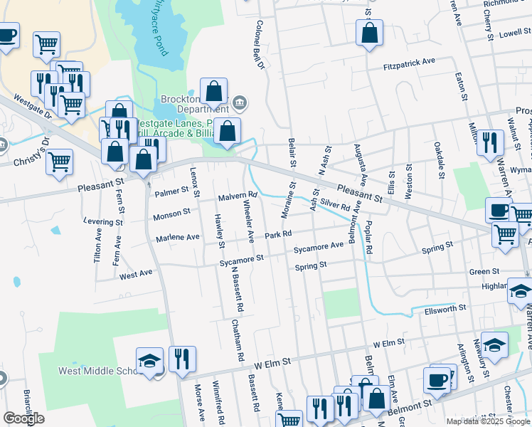 map of restaurants, bars, coffee shops, grocery stores, and more near 68 Malvern Road in Brockton