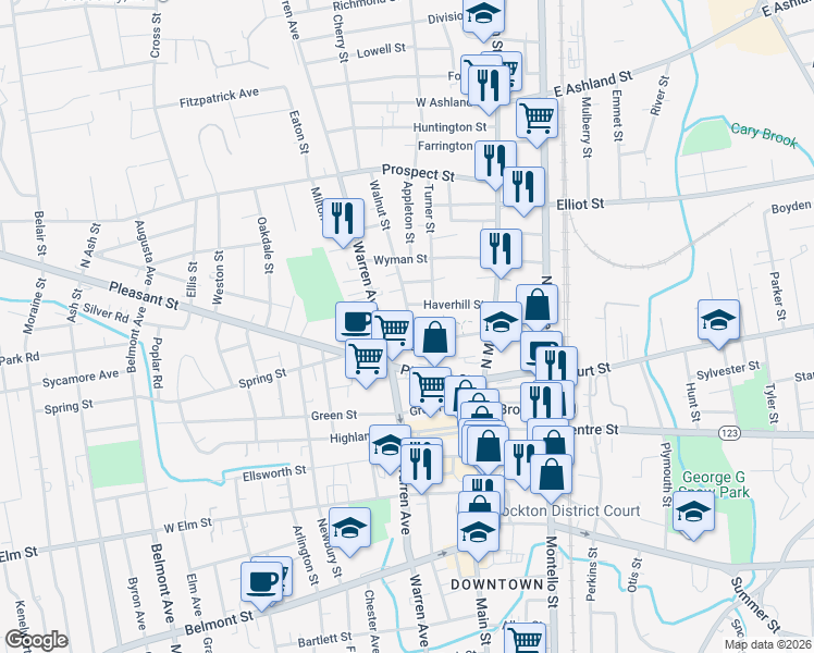 map of restaurants, bars, coffee shops, grocery stores, and more near 14 Walnut Street in Brockton