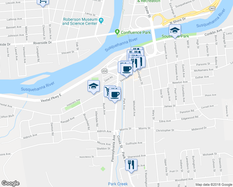 map of restaurants, bars, coffee shops, grocery stores, and more near 50 Pennsylvania Avenue in Binghamton
