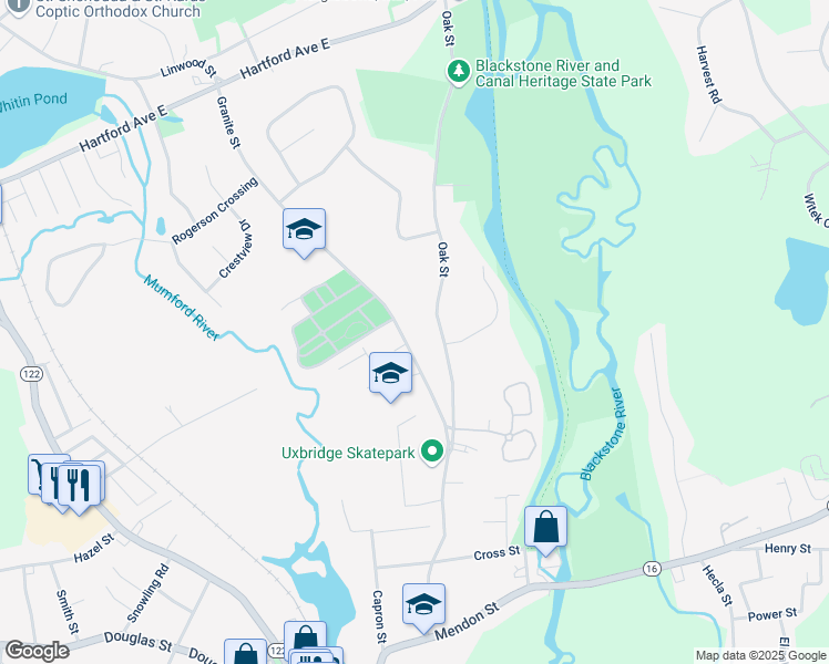 map of restaurants, bars, coffee shops, grocery stores, and more near 162 Oak Street in Uxbridge
