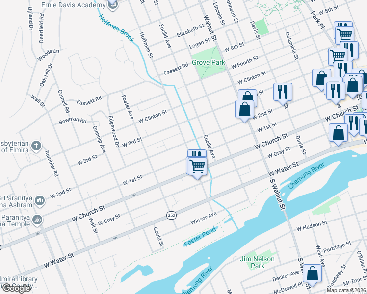 map of restaurants, bars, coffee shops, grocery stores, and more near 361 Hoffman Street in Elmira