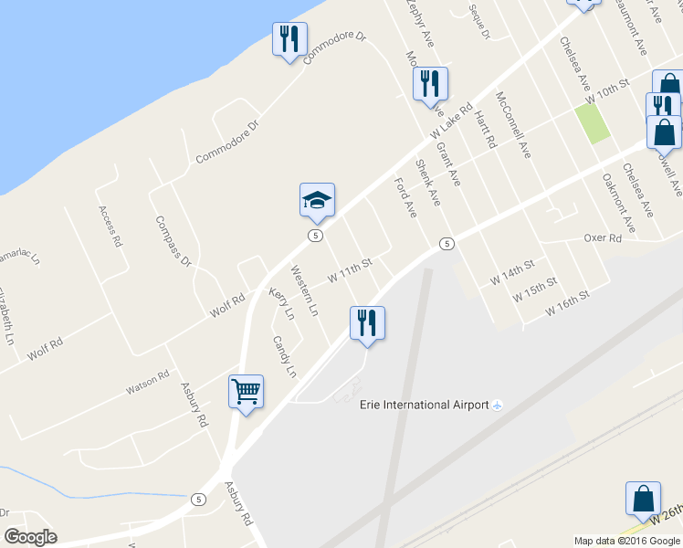 map of restaurants, bars, coffee shops, grocery stores, and more near 4330 West 11th Street in Erie