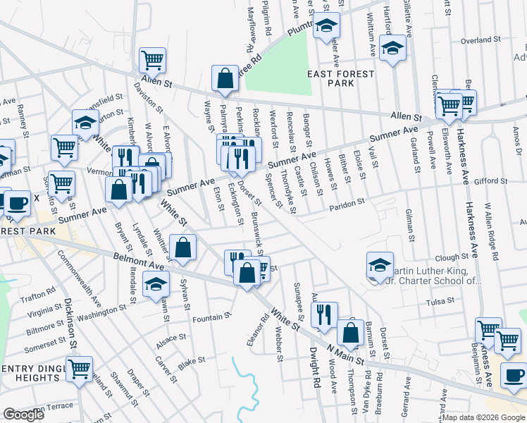 map of restaurants, bars, coffee shops, grocery stores, and more near 76 Dorset Street in Springfield